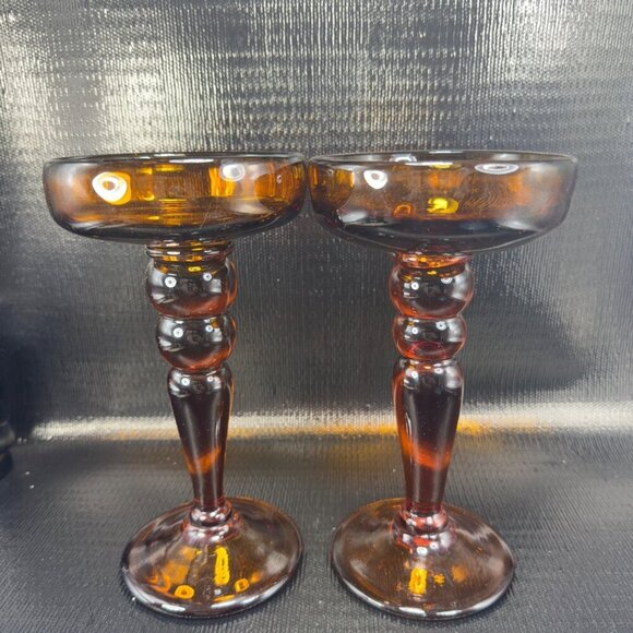 Vintage Mid Century Amber Glass Candle Holders Votive Pillar Heavy Glass Set 2 - Picture 6 of 14